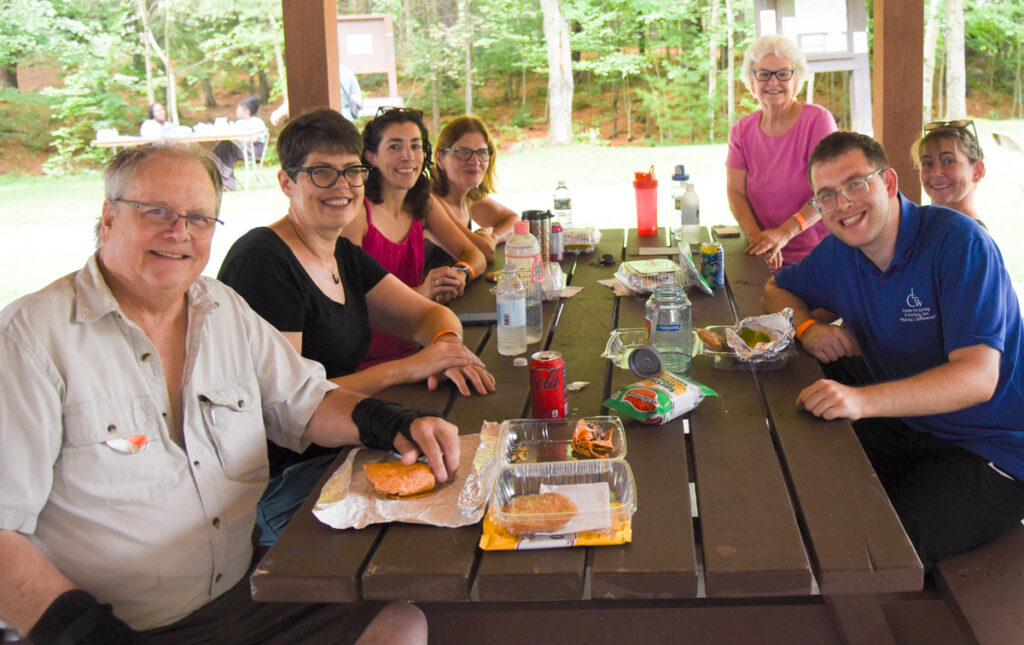 people at picnic table